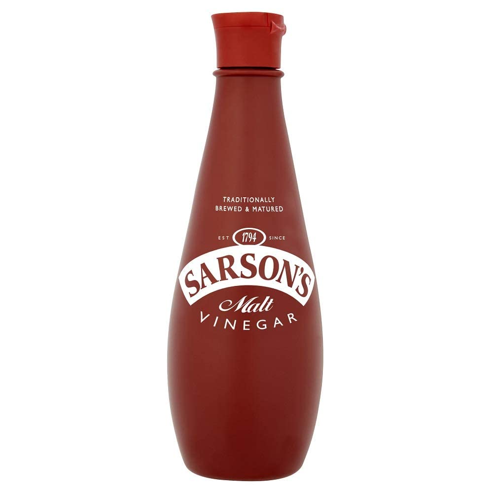 Sarson's Malt Vinegar bottle pour highlights tangy flavor for sauces and dressings