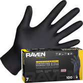SAS Raven box-front image showing 7 mil black nitrile gloves for durable protection.