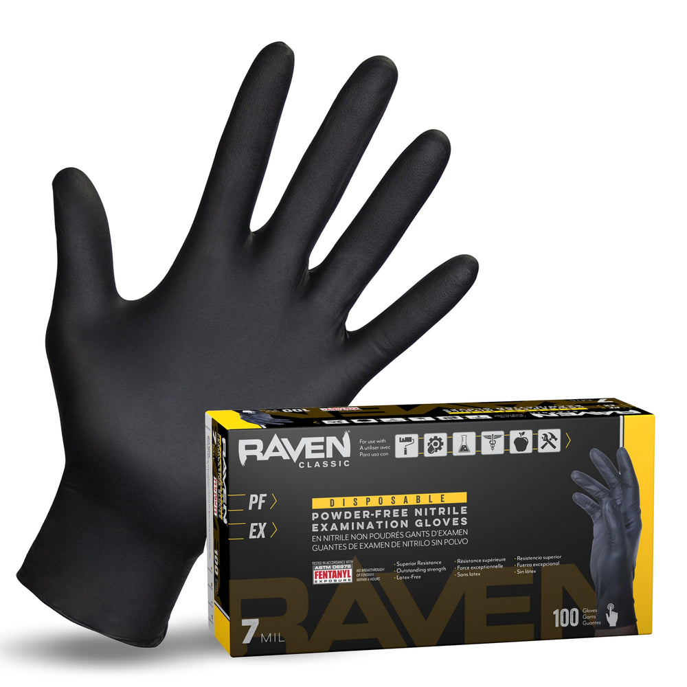 SAS Raven gloves front view in black nitrile, 7 mil, large for industrial use.