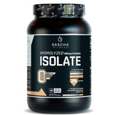 Sascha Fitness hydrolyzed whey protein isolate caramel packaging emphasizing fast-absorbing grass-fed protein