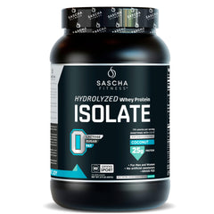 SASCHA FITNESS hydrolyzed whey protein isolate coconut 2lb tub — fast-absorbing post-workout fuel.