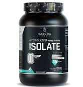 Sascha Fitness hydrolyzed whey protein isolate cookies and cream jar for fast absorption and lean-muscle support.