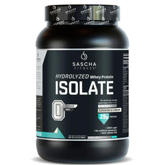 Sascha Fitness hydrolyzed whey protein isolate cookies and cream jar for fast absorption and lean-muscle support.