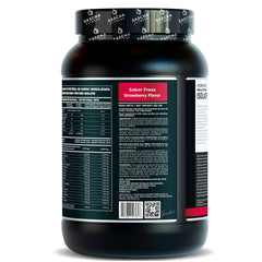 Sascha Fitness hydrolyzed whey strawberry powder container highlights zero carb formula