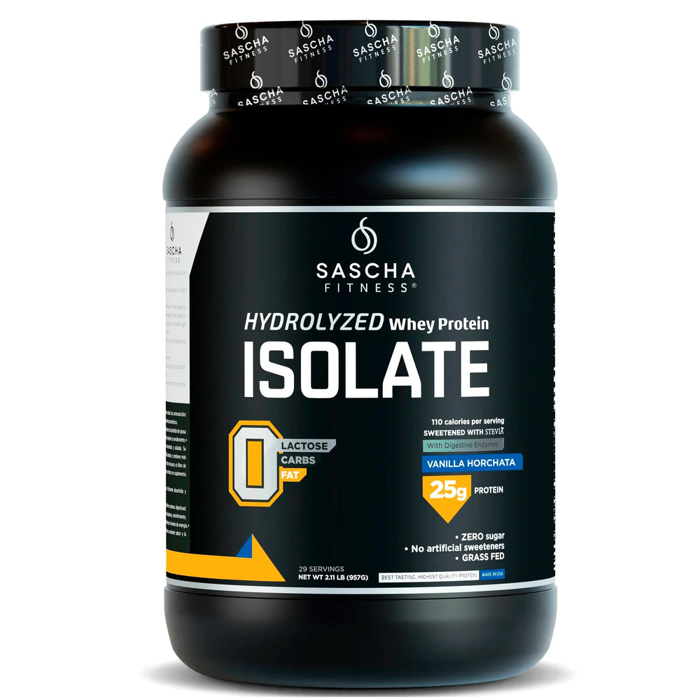 SASCHA FITNESS hydrolyzed whey protein isolate vanilla horchata powder in a jar for post-workout recovery