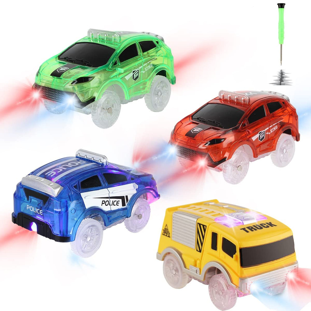 Save Unicorn track cars four-pack front view, ideal for colorful glow-inclusive play.