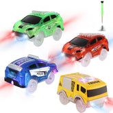 Save Unicorn track cars four-pack front view, ideal for colorful glow-inclusive play.