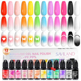 SAVILAND 12-color airbrush gel nail polish bottles arranged for color variety and inspiration.
