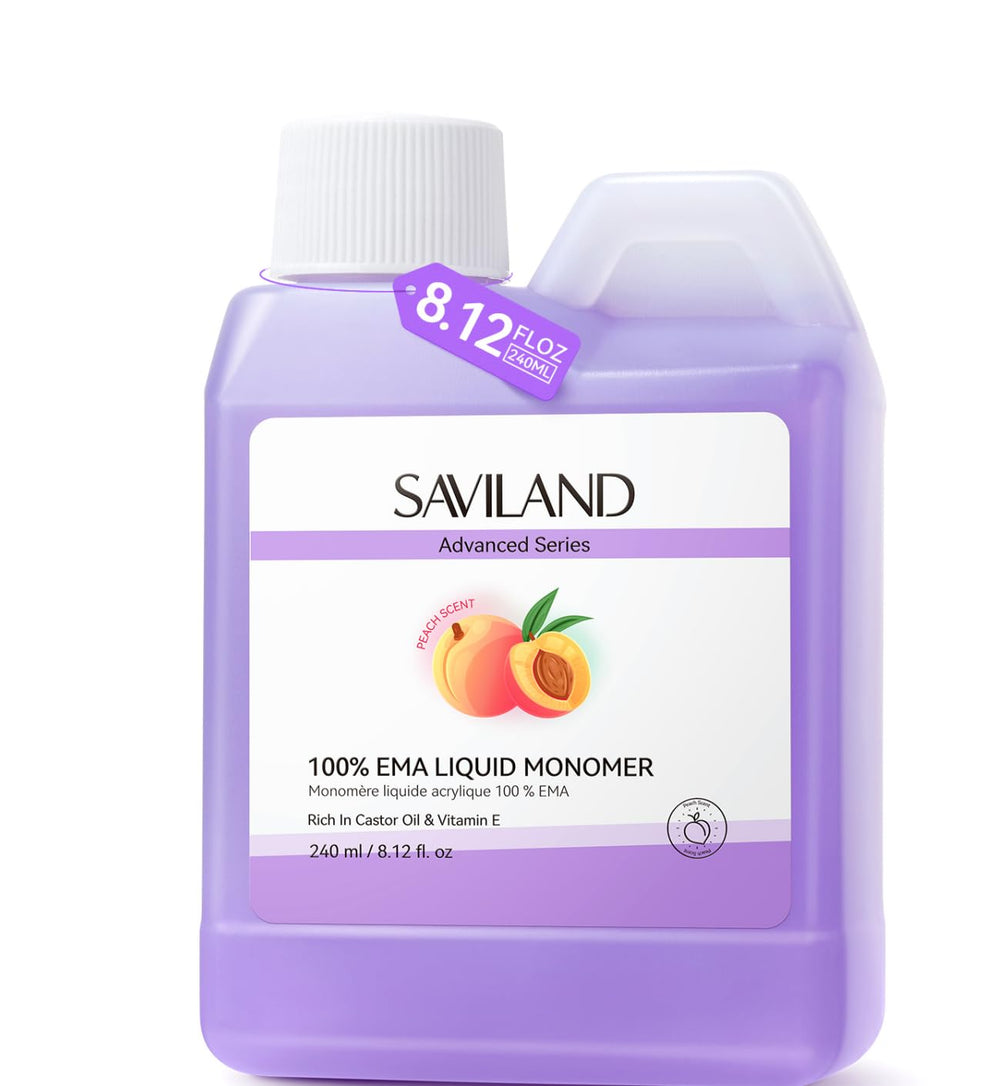 SAVILAND Pure EMA Monomer peach bottle shows smooth application and subtle fragrance