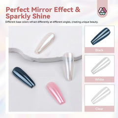 SAVILAND white pearl chrome powder applied on UV gel nail with mirror effect
