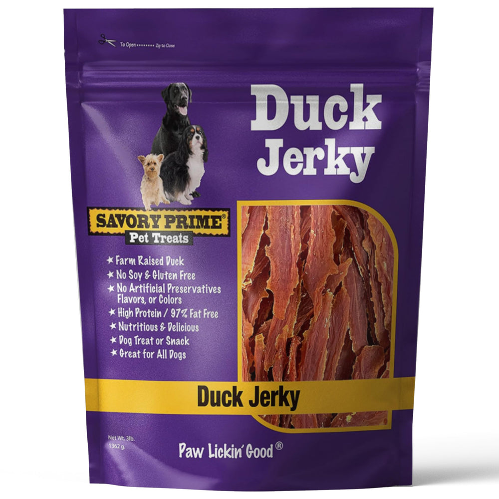 Savory Prime Duck Jerky bag front view showing premium protein treat