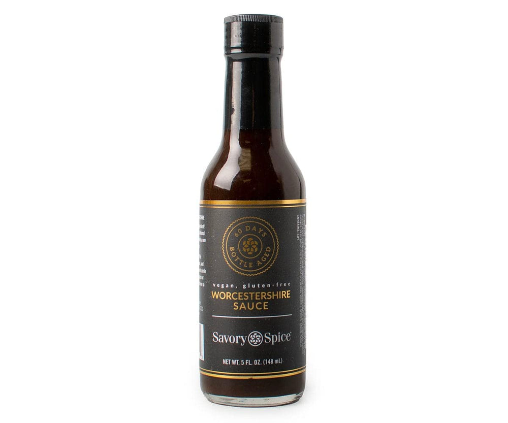Savory Spice vegan Worcestershire bottle showing gluten-free and anchovy-free umami.