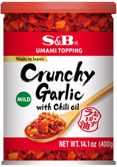 S&B Chili Oil with Crunchy Garlic bottle adds savory Umami to dishes.
