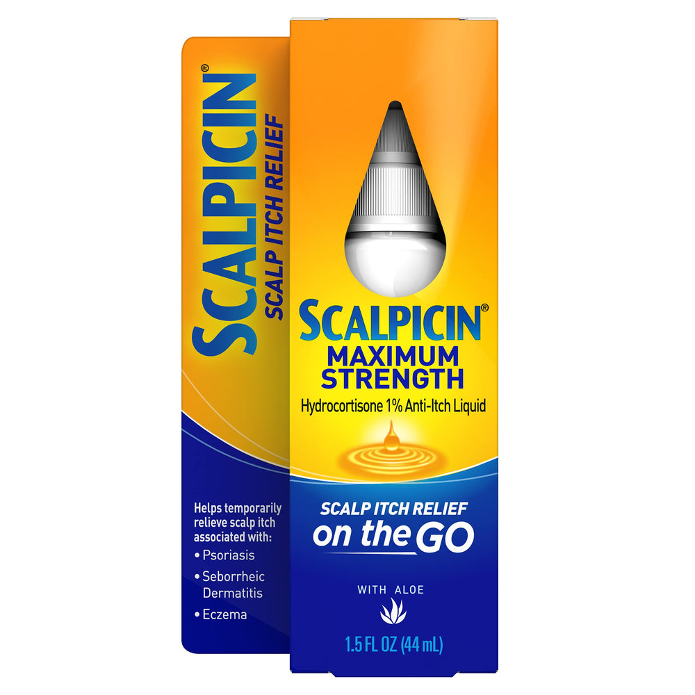 Scalpicin maximum-strength bottle front for fragrance-free scalp care and itch relief.