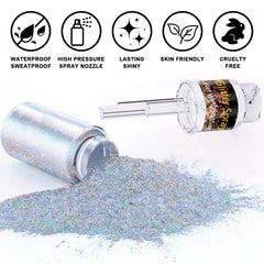 Scarman Glint-Rainbow Glitter Spray on shoulders and arms adds subtle sparkle
