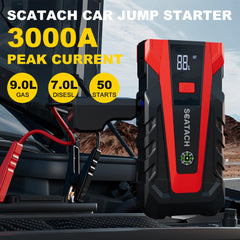 Scatach 3000A jump starter connected to a car battery for quick boost