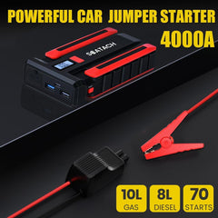 Scatach 4000A jump starter LED display showing battery level.