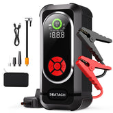 Scatach 6000A jump starter with air compressor closeup, showcasing rugged clamps for quick, reliable starts