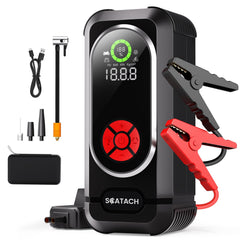 Scatach 6000A jump starter with air compressor closeup, showcasing rugged clamps for quick, reliable starts