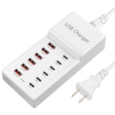 Sccvee USB charging station front view with 12 ports for simultaneous charging.