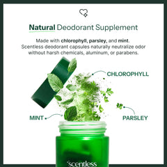 Scentless chlorophyll parsley mint capsules close-up emphasizing vegan formula