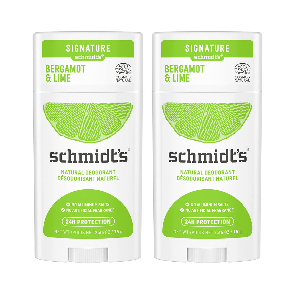 Schmidt's Bergamot & Lime packaging shows aluminum-free natural deodorant.