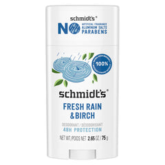 Schmidt's Fresh Rain & Birch deodorant stick for aluminum-free, all-day odor protection.