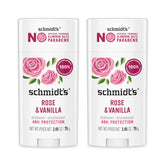 Schmidt's Rose & Vanilla packaging highlights aluminum-free formula for all-day freshness.