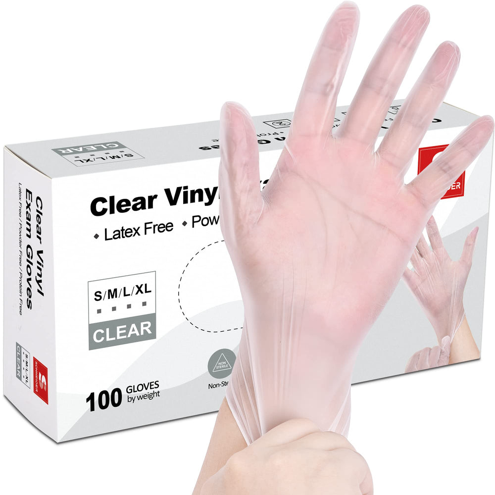 Schneider clear vinyl exam gloves showing clear material and fit for exams