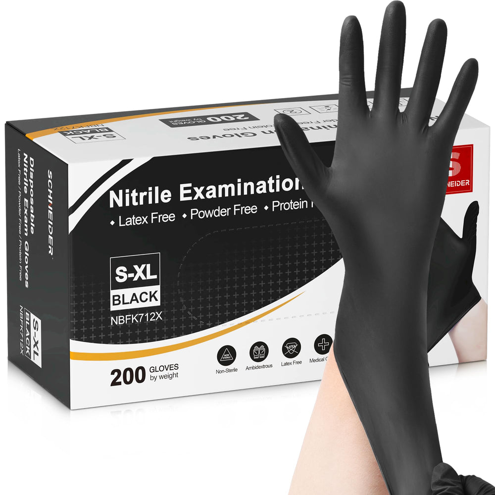 Schneider nitrile gloves 4mil black pack shown for quick, reliable use