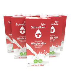 Schreiber Whole Milk six-pack boxes on pantry shelf, a convenient shelf-stable option.