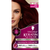 Schwarzkopf Keratin Color bottle highlights Rich Bordeaux shade for vibrant at-home color.