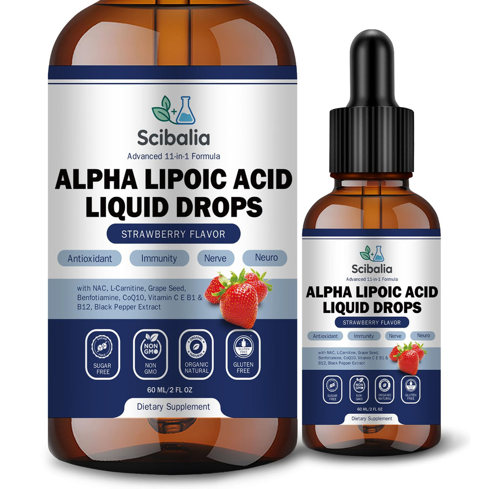 Scibalia Alpha Lipoic Acid 1000mg bottle pours for daily antioxidant support