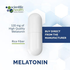 Scientific Health Solutions Melatonin capsules show a precise 120mg dose in vegan, gluten-free capsules.