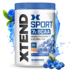 Scivation XTEND Sport Blue Raspberry Ice powder in tub for convenient recovery hydration.