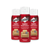 Scotchgard fabric protector spray application on sofa, repelling liquids and preventing stains.