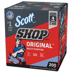 Scott blue shop towels in pop-up box designed for grease and spills in auto shops