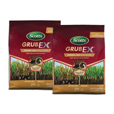 Scotts GrubEx1 bag beside a spreader ready for spring application to prevent grub damage.