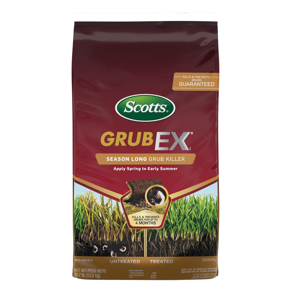 Scotts GrubEx1 bag label shows season-long grub protection for your lawn.