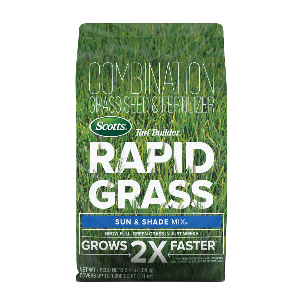 Scotts Rapid Grass Sun & Shade Mix bag front showing quick green lawn potential
