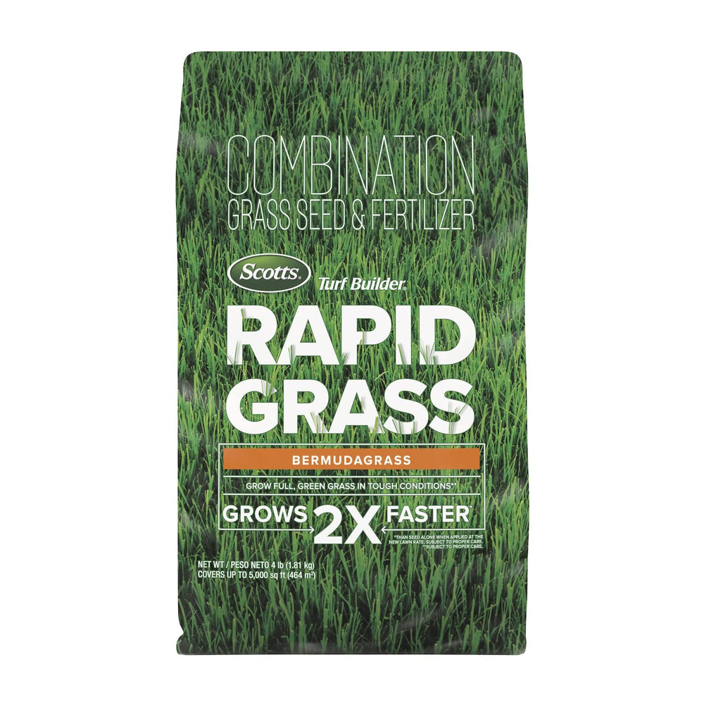 Scotts Turf Builder Rapid Grass bermudagrass bag shows seed and fertilizer for quick establishment.