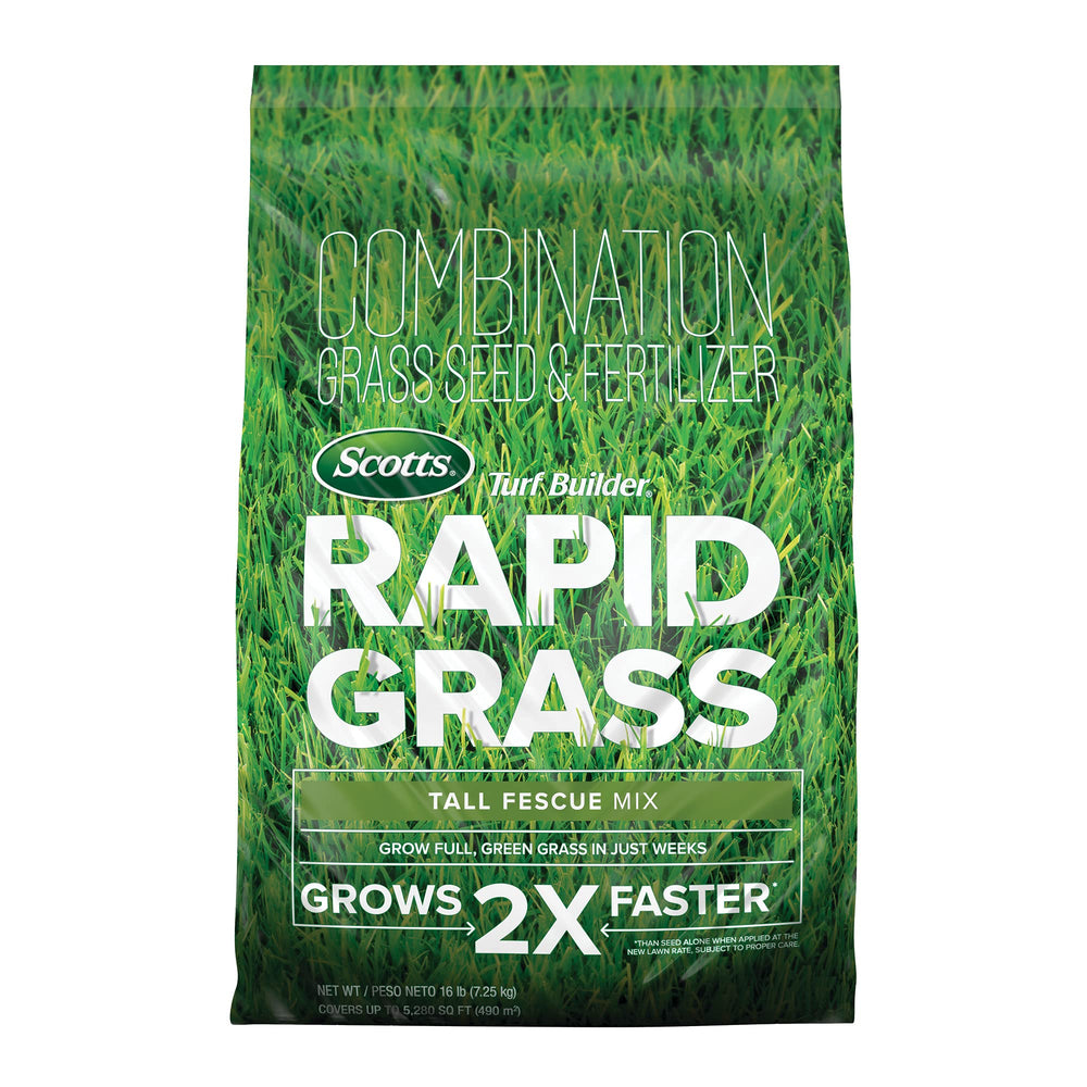 Scotts Turf Builder Rapid Grass Tall Fescue Mix bag front view for quick lawn establishment