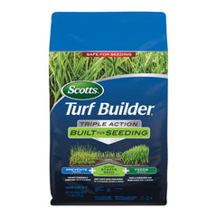 Scotts Turf Builder Triple Action bag on display, ready for seeding and weed prevention.