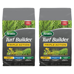 Scotts Turf Builder Triple Action1 2-pack bag ready for weed control and lawn feeding.