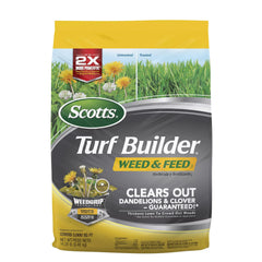 Scotts Turf Builder Weed & Feed3 bag and label showing weed killer and lawn fertilizer