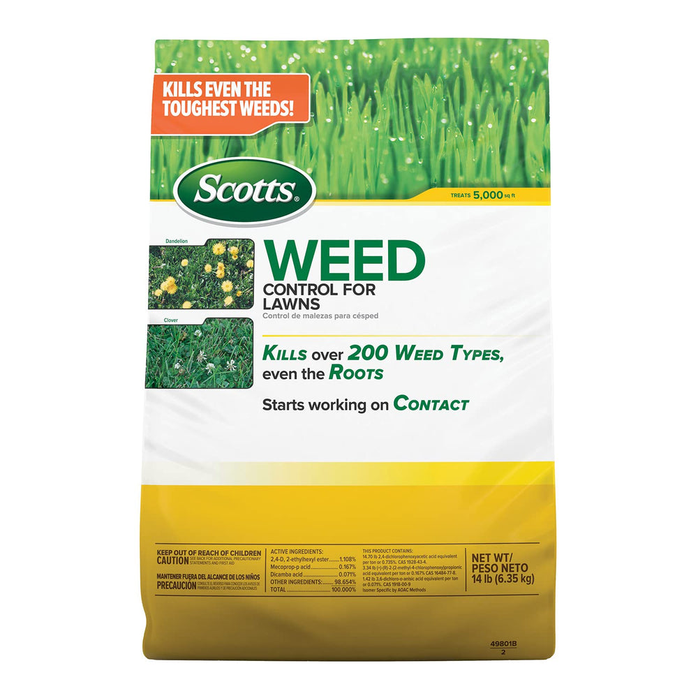 Scotts Weed Control for Lawns granules ready to treat broadleaf weeds.