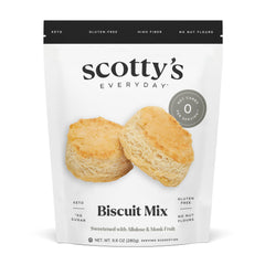 Scotty’s Everyday keto biscuit mix packaging showcases gluten-free, zero net carbs, and non-GMO attributes.