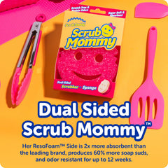 Scrub Mommy temperature-responsive foam for gentle to firm scrubbing.