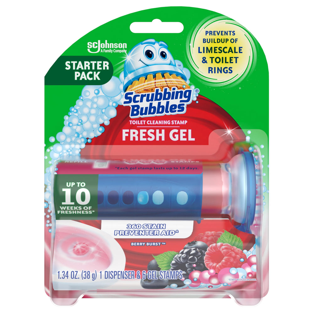 Scrubbing Bubbles Fresh Gel Stamps dispenser for hands-free toilet cleaning.