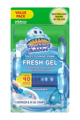 Scrubbing Bubbles Fresh Gel stamps dispenser delivering hands-free toilet freshness with every flush.